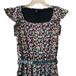 Mango MNG Belted Mini Dress Women's Size S Sleeveless Knit Fruit Motif